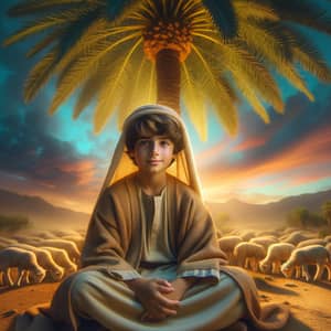 Serene Middle Eastern Landscape with Boy and Lambs