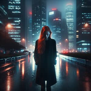 Lonely Red-Haired Girl in Dark Rainy City