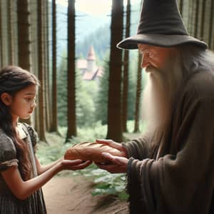 Young Hispanic Girl and Elderly Wizard Share Bread in Kingdom Woods
