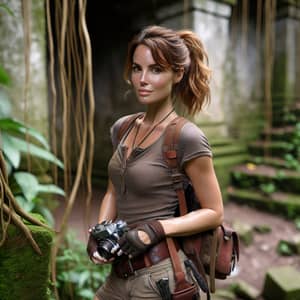 Adventure Woman in Ancient Jungle Ruin - Explore History