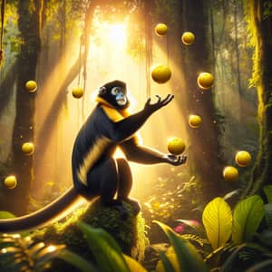 Enchanting Black Gold Monkey Juggling Yellow Balls in Lively Forest