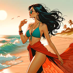 Indonesian Woman in Turquoise Bikini on Sunny Beach