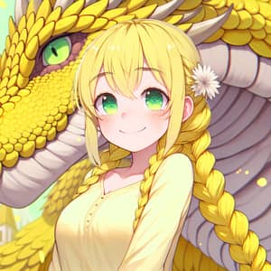 Anime Girl with Bright Yellow Braid & Smiling Yellow Dragon