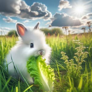 White Rabbit Enjoying Fresh Lettuce in Vibrant Field