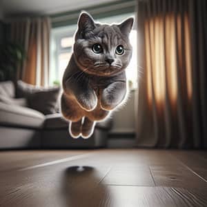 Agile Grey Housecat: Captivating Mid-Leap Moment