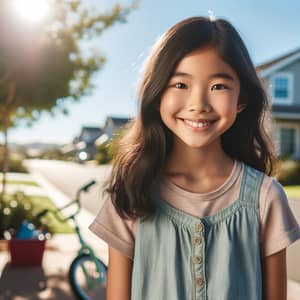 Cheerful 8-Year-Old Asian Girl in Casual Clothing Under Sunlight