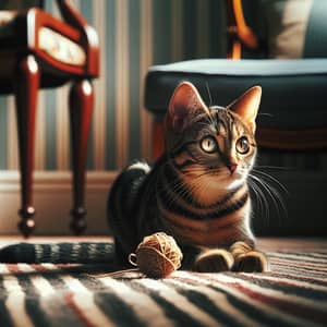 Playful Domestic Cat on Striped Carpet with String Toys
