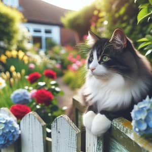 Garden Scene with Black and White Cat on White Fence