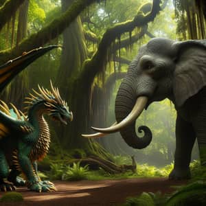 Emerald Green Dragon and Colossal Elephant Encounter in Enchanted Forest