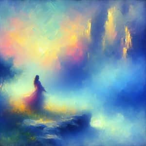 Mysterious Figure Emerging from Mist | Vintage Impressionistic Scene