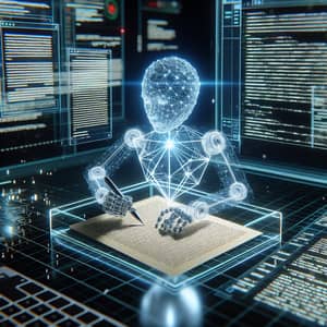 Futuristic AI-Powered Article Creation in Enigmatic Workspace