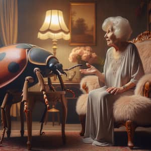 Elderly Lady Chatting with Gentle Giant Insect