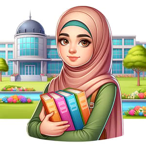 Young Middle Eastern Girl with Colorful Textbooks at Modern School