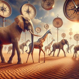 Surreal Desert Scene with Giraffe-Legged Elephants and Floating Compasses