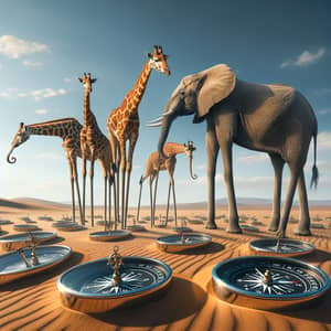 Surreal Elephant-Giraffe Hybrid in Desert Landscape with Shiny Compasses