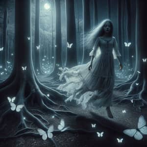 Ghostly Hispanic Teen in Moonlit Forest with Moths