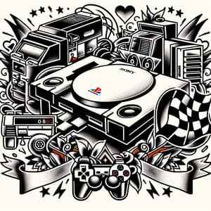 Playstation One Console fused with V8 Engine in Tattoo Art Style