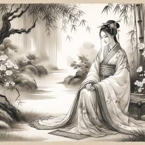 Traditional Asian Ink Painting of Serene East Asian Woman in Garden