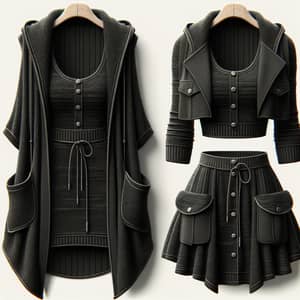 Stylish Two-Piece Dress and Jacket Set in Black | Adjustable Waist & Patch Pockets