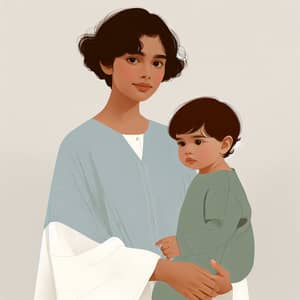 Minimalist Style Illustration of South Asian Girl with Child
