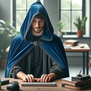 Male Blogger Creating Content in Royal Blue Cloak