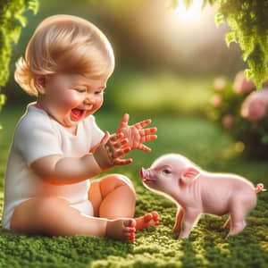 Joyful Baby Playing with Pink Piglet - Cute Interaction Scene