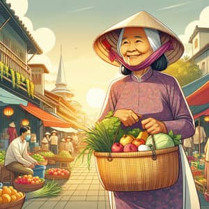 Elderly Vietnamese Woman Shopping Illustration