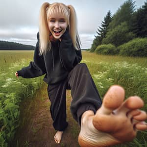 Giant Girl Playfully Stepping in a Lush Field