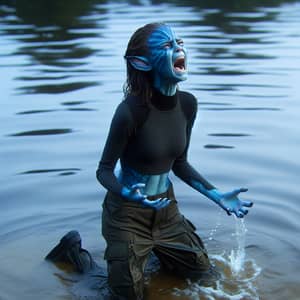 Emotional Distress of Blue-Skinned Teenage Girl in Water