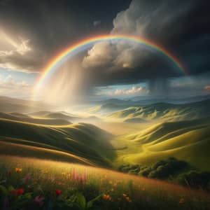 Tranquil Rainbow Landscape with Verdant Meadows and Misty Hills