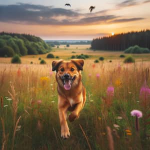 Joyous Brown Dog Running at Sunset Among Wildflowers