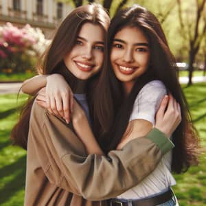 Diverse Girls Embracing in Park | Heartwarming Friendship Moment