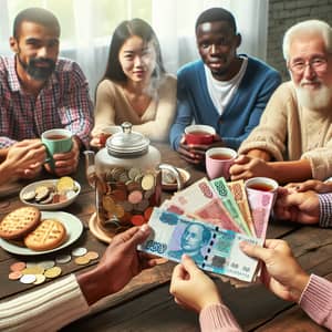 Diverse Group with Currencies and Tea | Warmth and Camaraderie