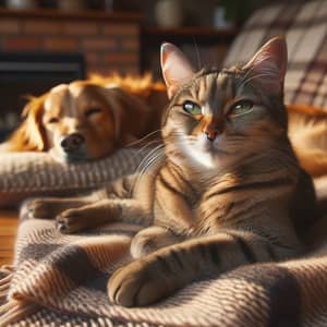 Contented Cat and Golden Retriever Enjoying Sunlit Nap Together