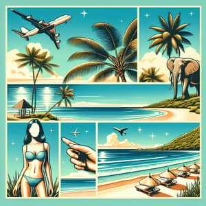 Serene Beach Scene with Palm Trees, Elephant, and Airplane
