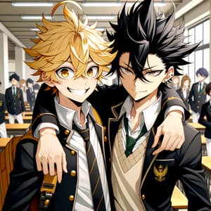 Blonde and Black-haired Anime Characters Embracing in School Setting