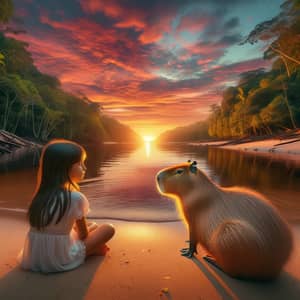 9-Year-Old Girl and Capybara Watching Sunset by River in Forest
