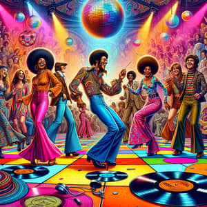 1970s Funk Culture: Vibrant Dance Floor with Colorful Mirror Balls