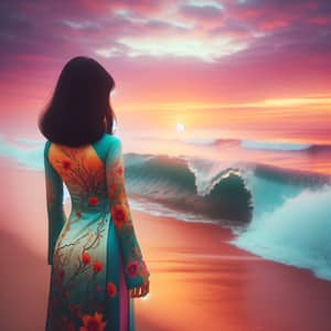 Young Vietnamese Girl on Beach at Sunset in Turquoise Ao Dai Dress