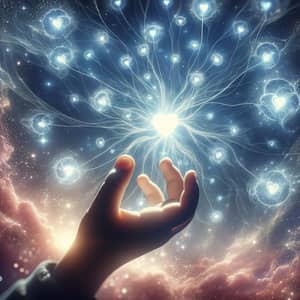Child's Hand Reaching Hearts of Light in Heaven