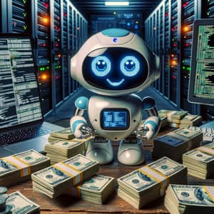 LCD Robot Counting Money in Basement | Tech-laden Scene
