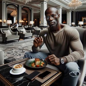 Luxurious Five-Star Hotel Scene with Stylish Black Man Dining
