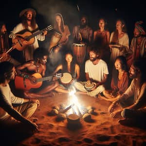 Diverse Group Creating Harmonious Music Around Bonfire