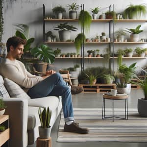 Tranquil Room with Man on Couch and Potted Plants