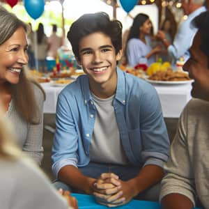 Festive Party Scene: Hispanic Boy Engaging with Guests