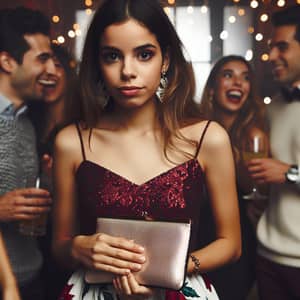 Hispanic Woman Arriving at Party with Uncertain Expression | Event Scene