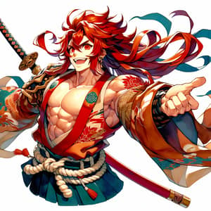 Dynamic Anime Swordsman with Flame Red Hair and Muscular Build