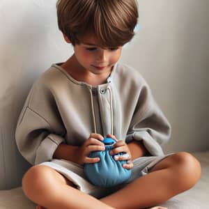 Cute Caucasian Boy in Casual Outfit with Blue Toy