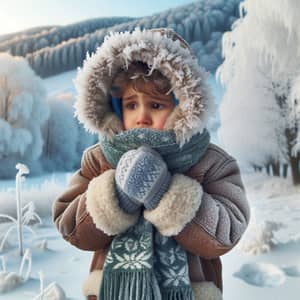 Middle-Eastern Child Shivering in Winter Scene