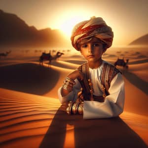 Traditional Omani Boy's Attire in Desert at Sunset